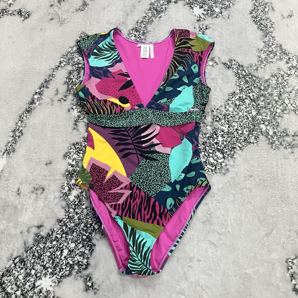 Bleu Rod Beattie‎ One Piece Swimsuit Womens 6 Tropical Animal Print V Neck Pink